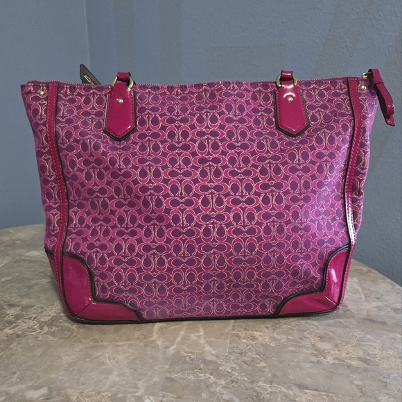 Coach Poppy Signature Metallic Outline Pink Purple Tote & Dust Bag - Picture 2 of 15